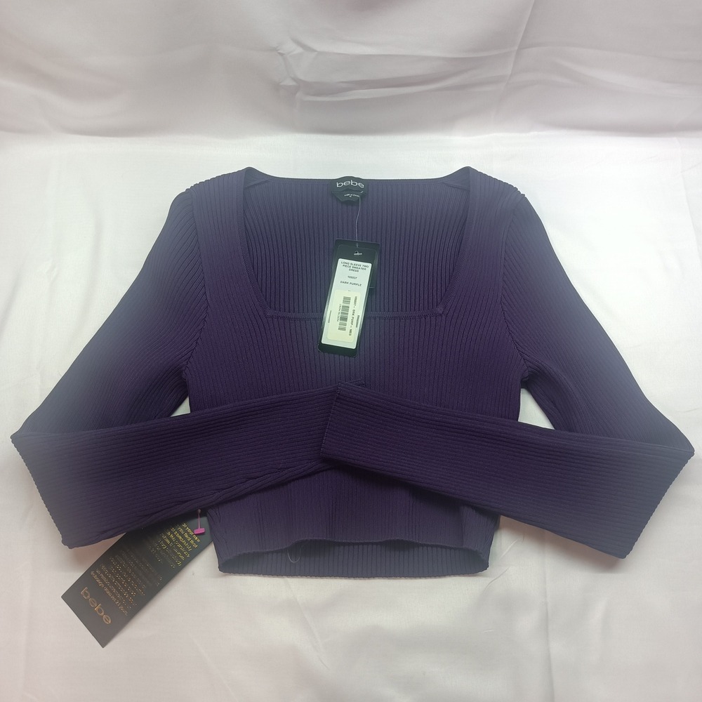 Bebe Womens M Dark Purple Ribbed Long Sleeve Square Neck Top NWT Top Only Casual